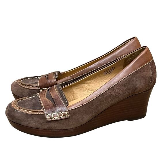 L.L. Bean Made/Brazil 9M Shoes Brown Suede Leather Wedge Penny Loafers Slip On - Picture 2 of 11